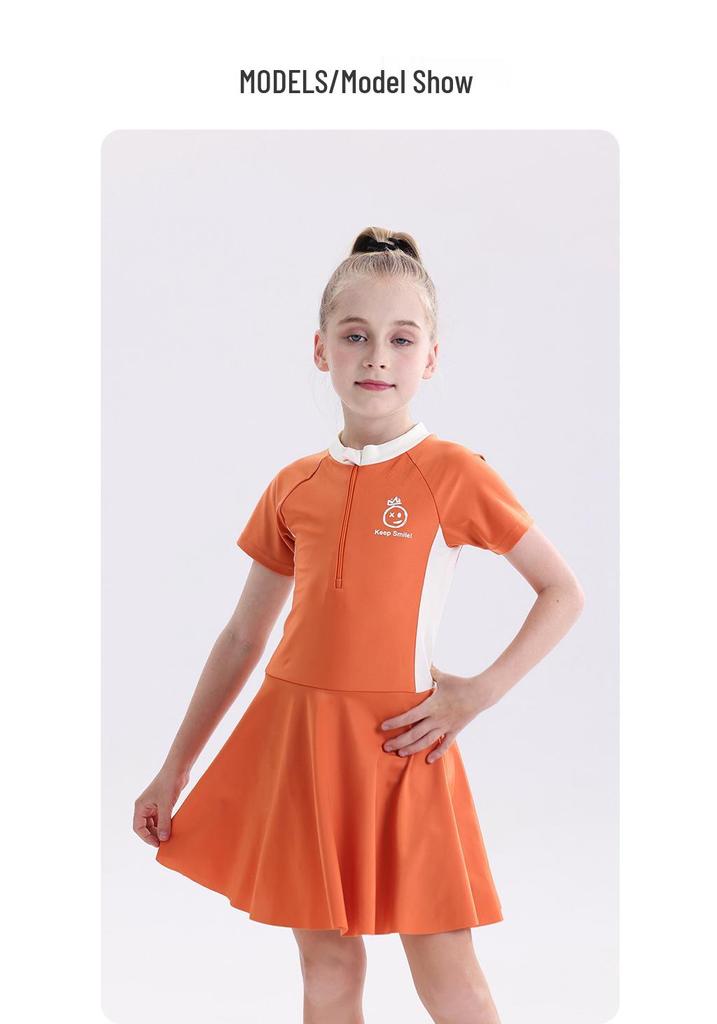 2026 Girls' One-Piece Swimsuit: Sun Protection, Quick-Dry, Short-Sleeve Swimwear for Medium & Large Children