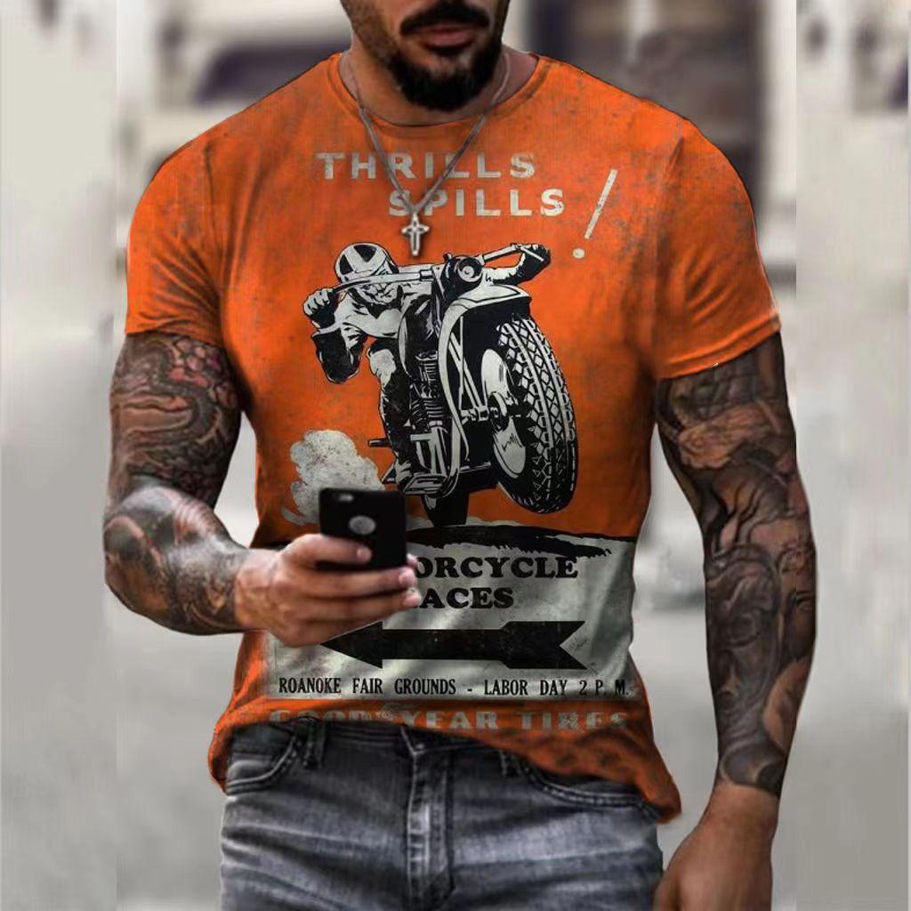 New Hot Selling Men's Knitwear Motorcycle Retro Top 3D Print Summer Men's Personalized O-Neck Top Short Sleeve T-shirt