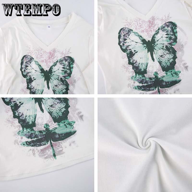 Vintage Butterfly Printed V-neck White Top Women's Spring Autumn All-match Long Sleeve Slim Casual T-Shirts Streetwear