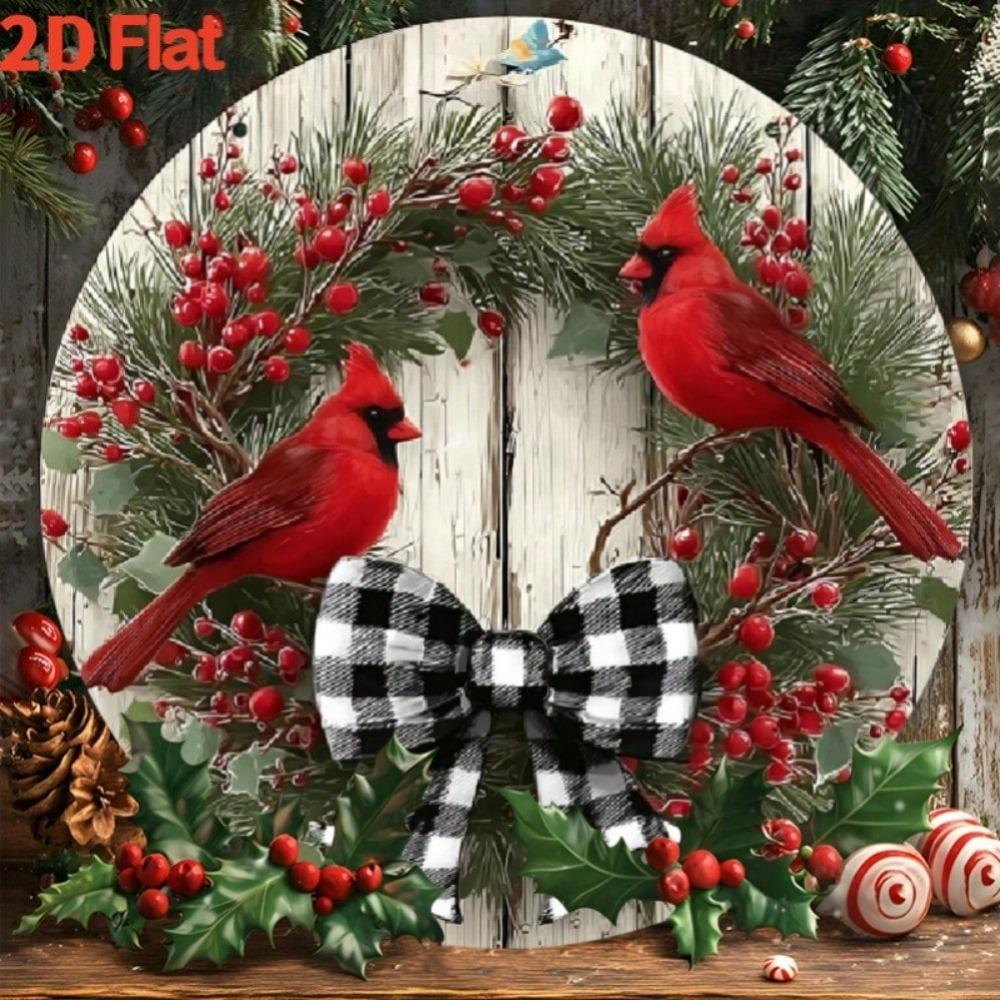 Christmas Wreath Metal Wall Art with Cardinal Birds and Bow
