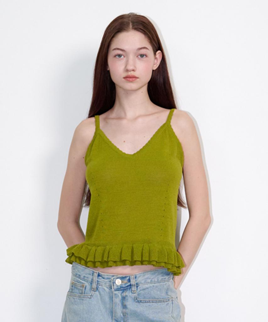 OPENING SUNSHINE Sleeveless Frill Linen Knit Top Olive