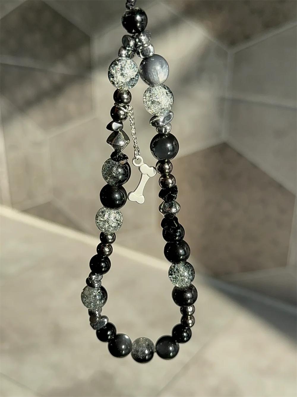 

Y2K Black Bone Pendant Beaded Phone Charm Strap For iPhone Samsung Accessrioes Chain Lanyard Woman Jewelry Hanging Rope Cord