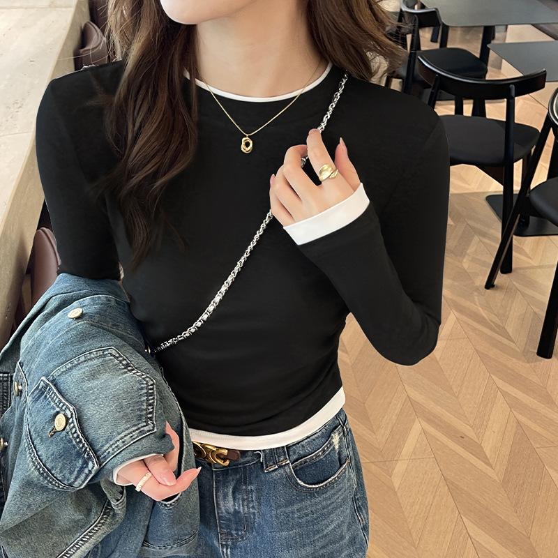 Splicing Side Pleated Long-sleeved Bottoming Shirt Women's Autumn and Winter New Spring Clothing Slim-fitting T-shirt Contrasting Top