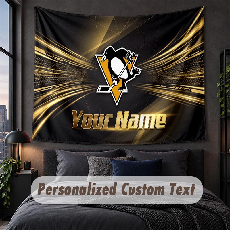 Custom Name Text Tapestry,Pittsburgh Penguins Decorative Wall Hanging, Background Tapestry For Home Bedroom