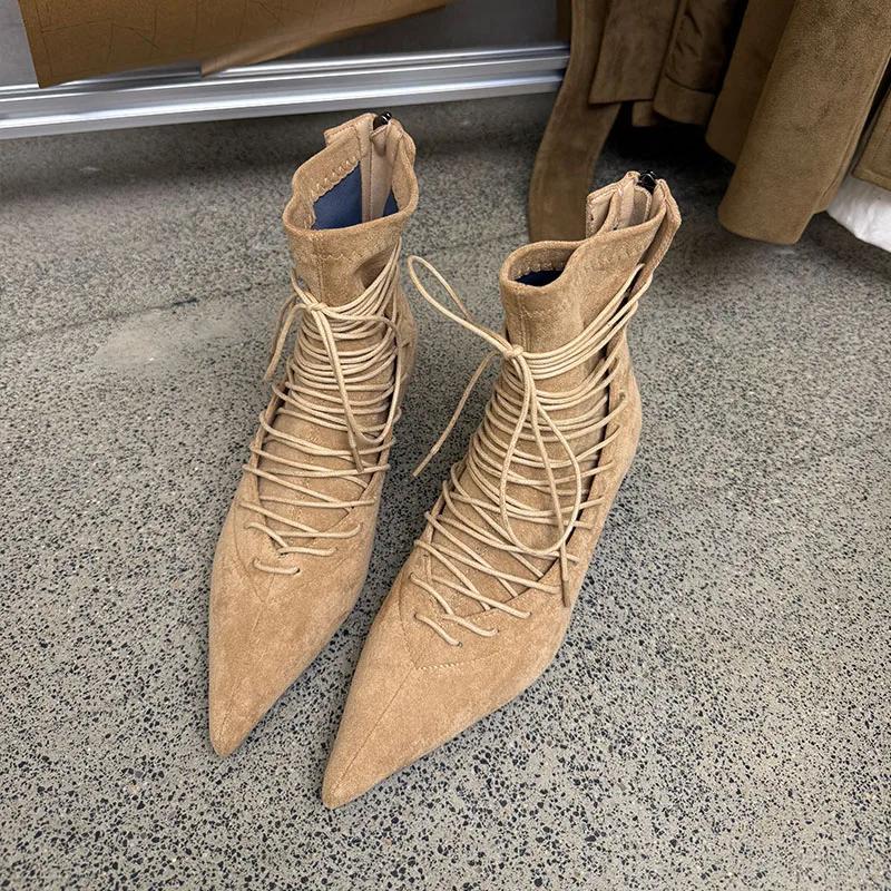 Retro Lace Up Pointed Toe Ankle Boots Women Suede Low Heel Fashion Dress Short Boot Ladies New Autumn Women Boots Botas Mujer