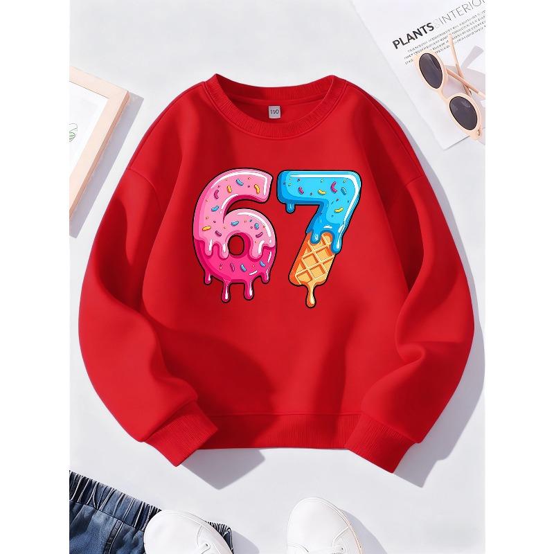 Unisex Kids Sweatshirt, Donut Ice Cream Drip Number 67 Print Long Sleeve Pullover, Boys Girls Cute Sweet Birthday Sweatshirt For Kids Over 4 Years Old