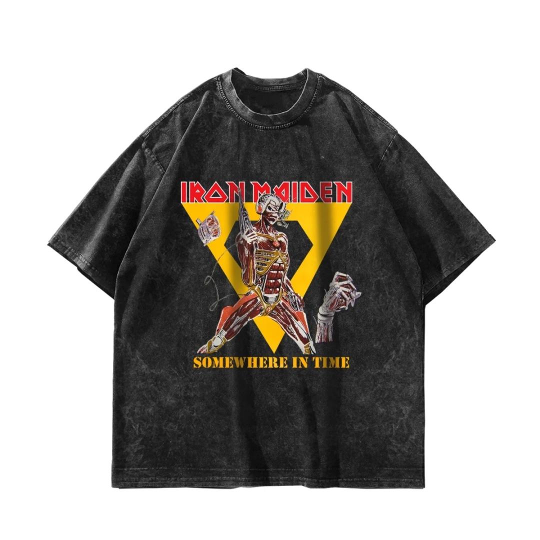 Apex Man IRON MAIDEN LOGO SOMEWWHERE IN TIME Slogan Karakterprint Vintage T-shirt met Korte Mouwen Losse Pasvorm Trendy Stijl Dagelijks Casual Outstreet Top M zwart