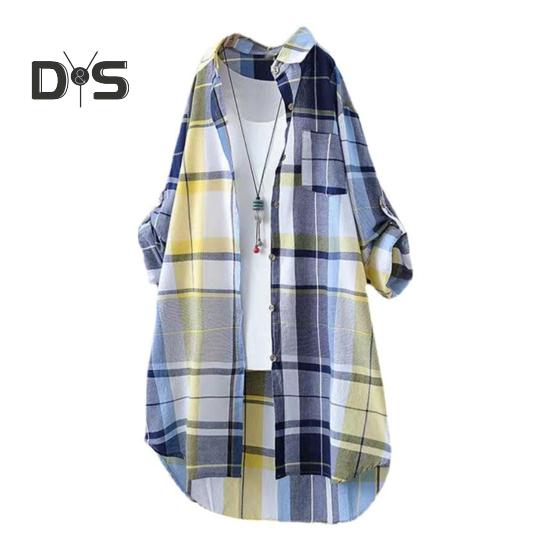 Cămașă pentru femei, cu rever, cu mânecă lungă, cu imprimeu în carouri, cu buzunar, cămașă cu un singur piept de lungime medie