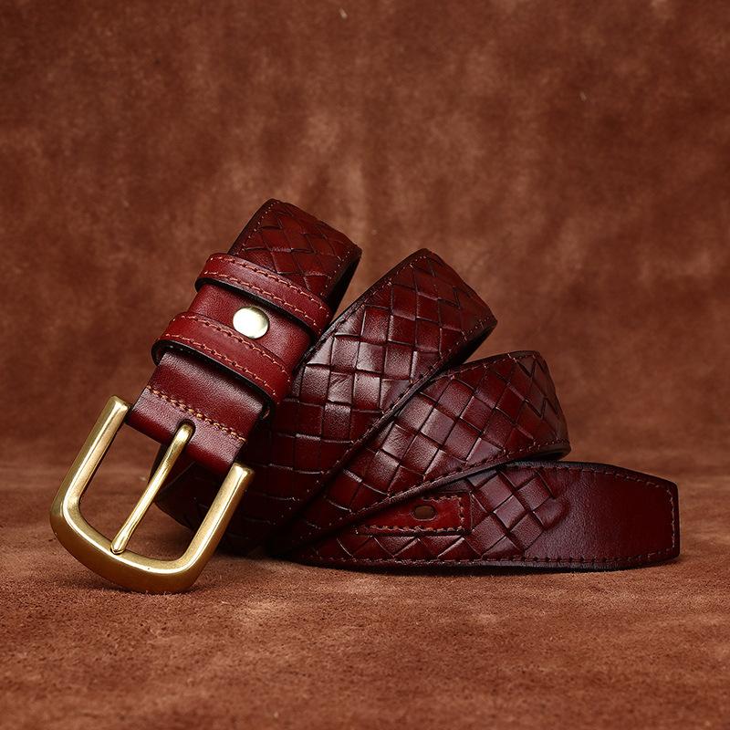 3.8Cm Retro Fashion Trend Versatile First-Layer Cowhide Woven Belt Men'S Genuine Leather Copper Buckle Woven Belt