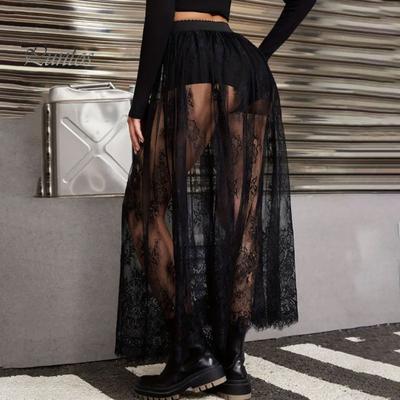 Women Maxi Skirt Dark Style See-through Embroidery Flower Lace Long Skirt Elastic High Waist A-Line Sexy Mesh Skirt