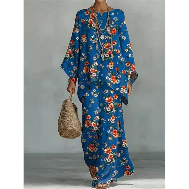 16 European and American artistic sense abstract graffiti cotton and linen set, round neck bat sleeve top + wide leg pants loose two-piece set