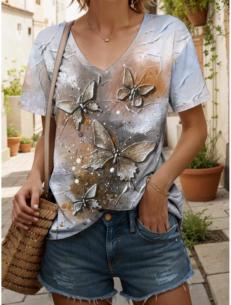 Women's T-Shirt butterfly Graphic Fashion Short Sleeved V-Neck Regular Tops Daily Print Tee Summer Spring casual Tops
