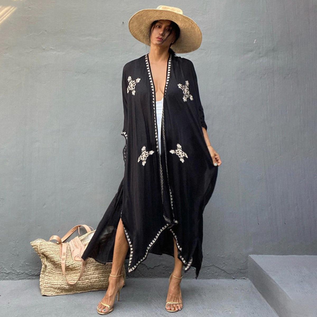 Cotton embroidered loose long cardigan beach sunscreen jacket bikini blouse One size fits all