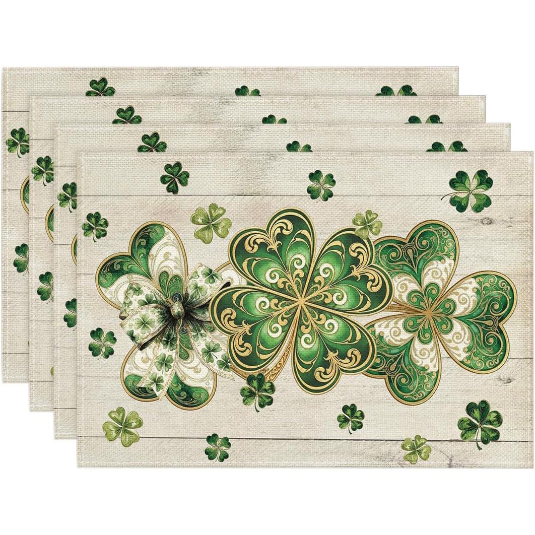 

4pcs St. Patrick’s Day Shamrock Placemats – Green Cloisonné Clover 12x18in Polyester for Party & Kitchen Decor 4pcs