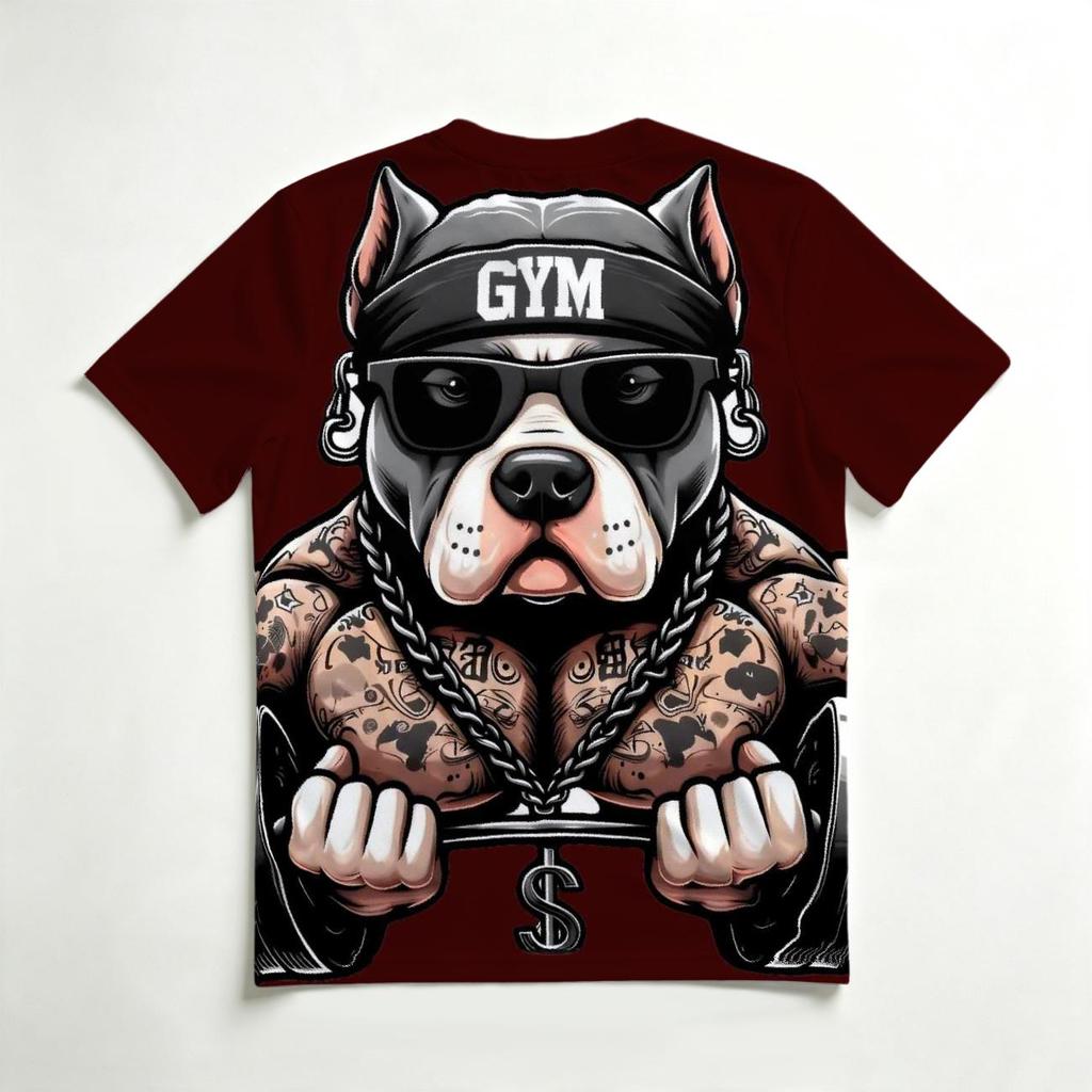 Men's Crew Neck Short Sleeve T-Shirt, Fashion 3D Muscular Tattoo Pitbull Gym Dumbbell Graphic Casual Daily Wear Tee
