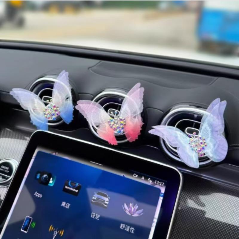 Sheer Fabric Gradient Model Moving Butterfly Car Center Console Air Vents Decoration Cars Living Room Interior Decor Accessories