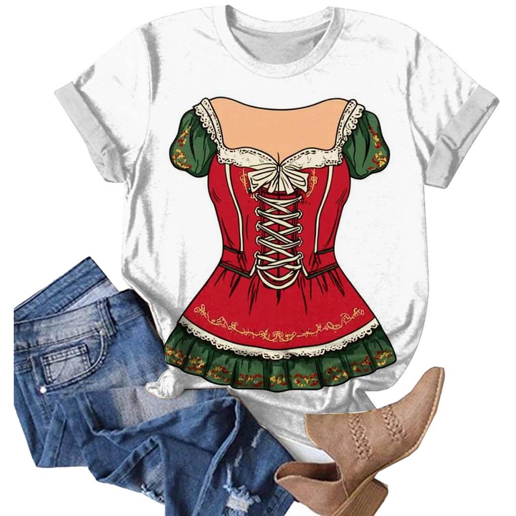 Women Casual Pullover T Shirt Oktoberfest Print Short Sleeve Crew Neck Top Lightweight Comfortable Fit Summer Tee
