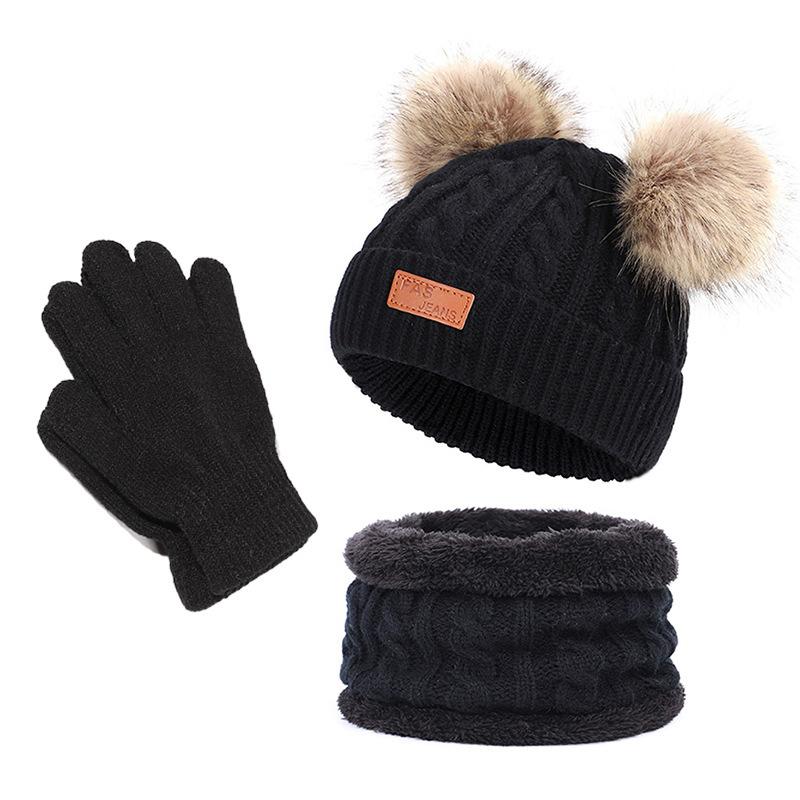 Cappello lavorato a maglia in lana per bambini autunno e inverno, set caldo per bambini, sciarpa, guanti, set da tre pezzi con velluto