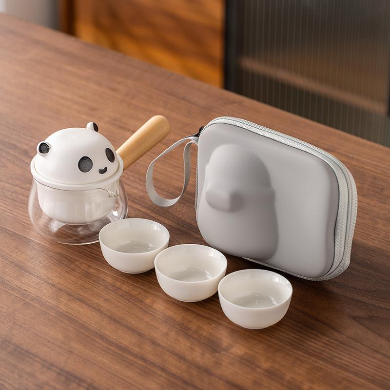 Panda merchandise side handle a pot of three cups travel tea set light luxury modern suet jade porcelain business commemorative gift