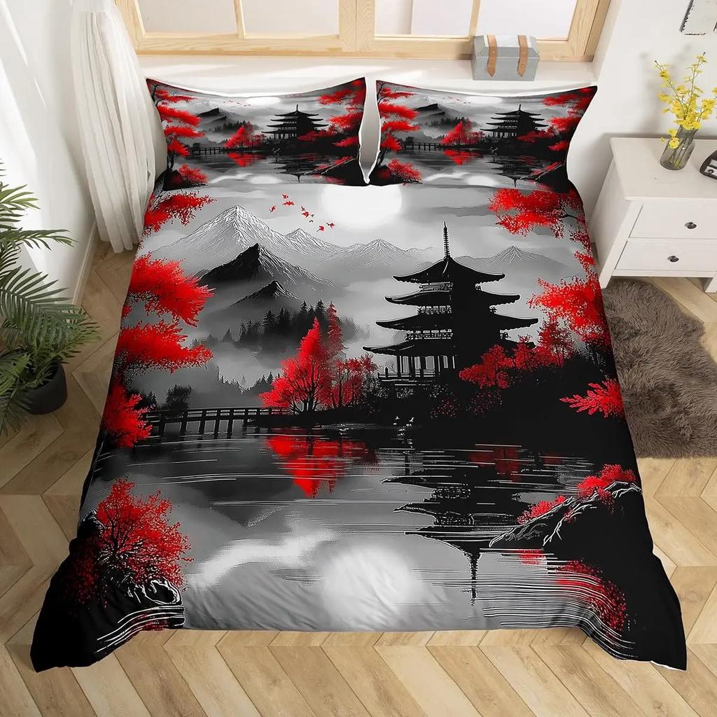 Japanese Building Duvet Cover Sets for Teens Queen Size Quilt Covers Lightweight Down 2 Pillowcases 1 Duvet Cover No Comforter