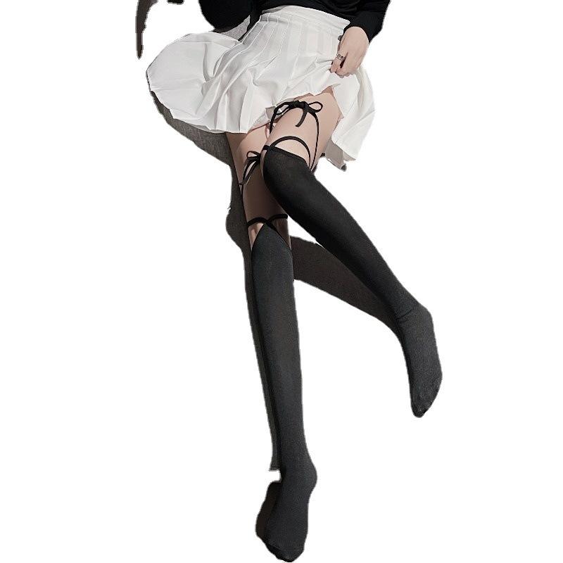 Sweet JK Lolita-style mid-calf socks, versatile and slimming, thin cross-tie over-the-knee black stockings for beautiful legs
