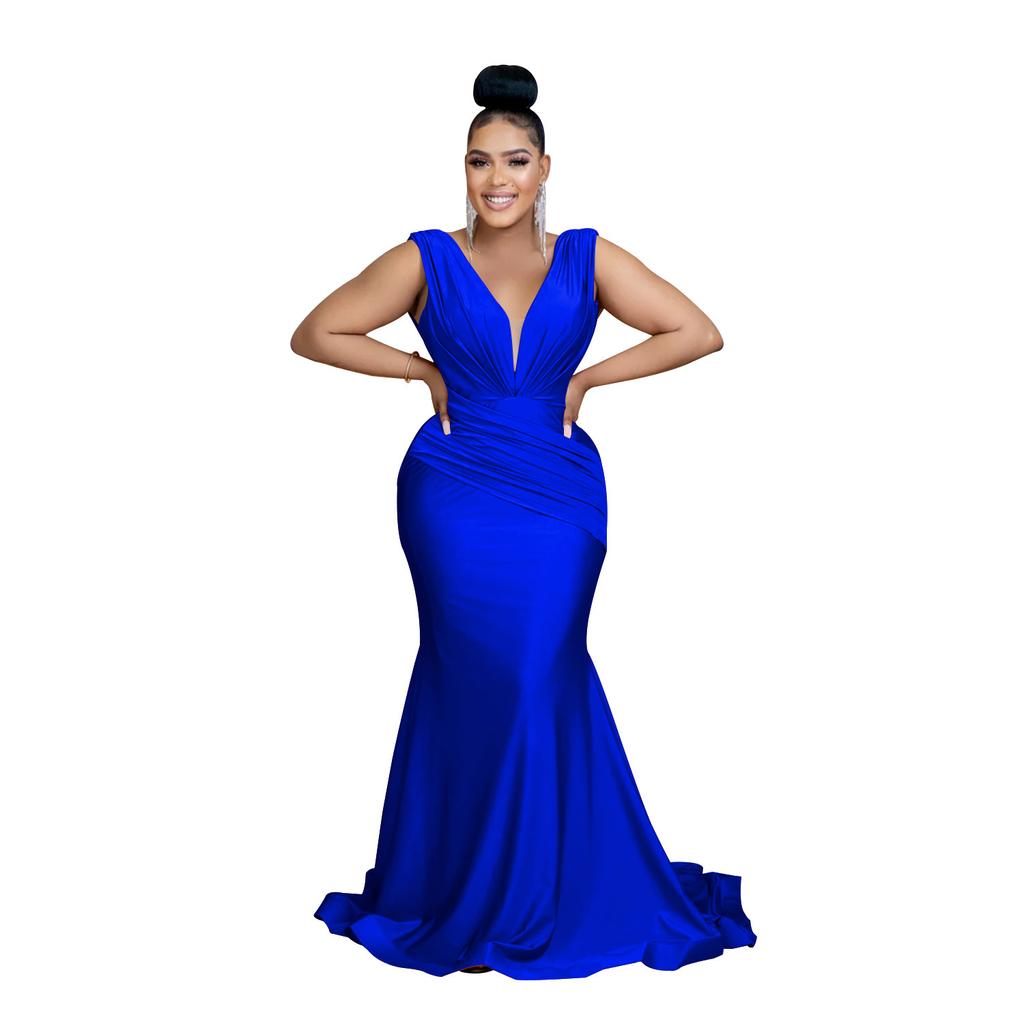 Mote Damekjole Ensfarget V-hals Ermeløs Plissert Lange Kjoler