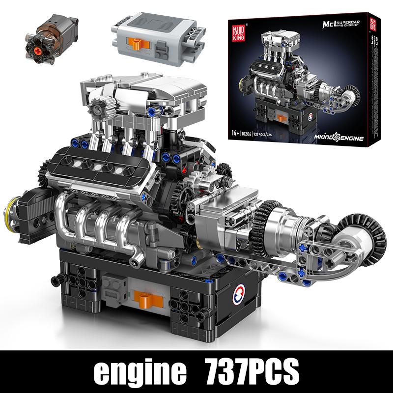 Mould King 10206 Der motorisierte SuperCar V8-Motor Baustein Montage Technische Auto-Motor Ziegelstein Set Weihnachtsgeschenk für Kinder