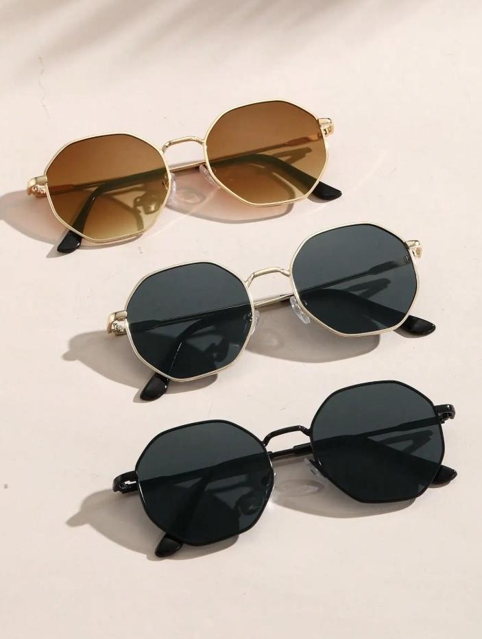 2 Pcs Metal Geometric&Round Frame Fashion Classical Sunglasses For Vacation Decors Photo Props