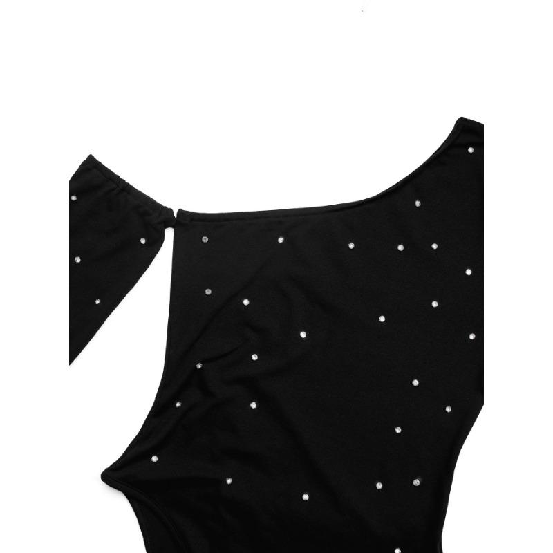 YYFS Women's Fashion Casual Polka Dot Print Spring Fall Long Sleeve Oblique Collar Bodysuits