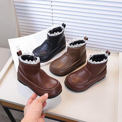 Girl's Ankle Boot Ruffled Edge Sweet Children Princess Black Boots Fashion Versatile Kids Elegant Short Leather Boots Non-slip