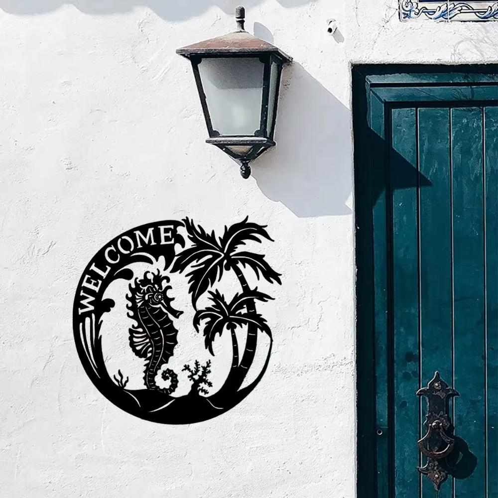 Coastal Welcome Sign Sea Life Pattern Beach Theme Indoor Decoration Living Room Mural Sea Turtle Accent