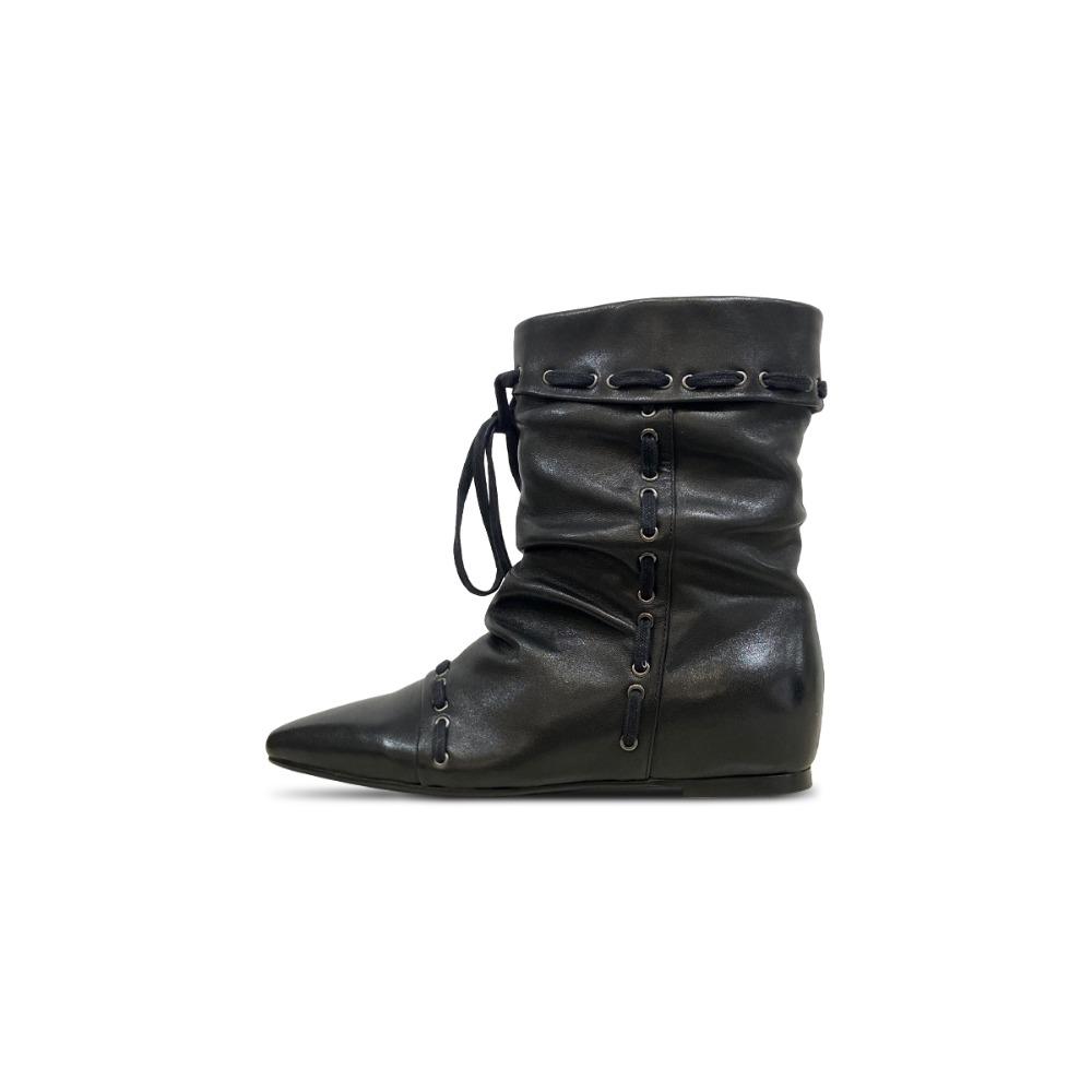 Fashion Fashion Drawstring Design Pleated Ankle Boots Pointed Toe Suede Leather Slip On Height Increasing Women's Western Cowboy Boots