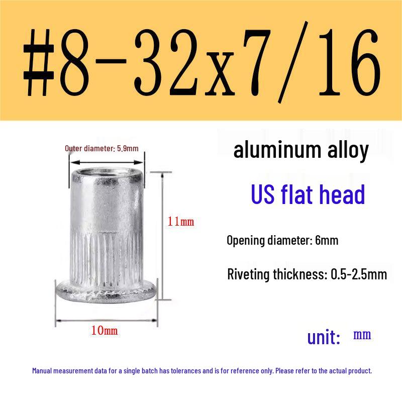 US Standard Flat Head Vertical Knurled Rivet Nut - Aluminum Alloy/Stainless Steel/Galvanized