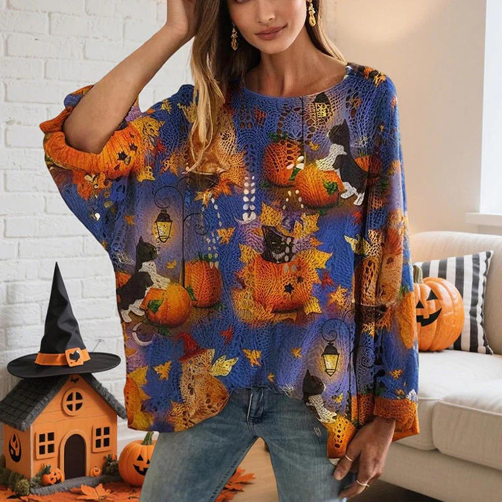 Halloween Crochet Pumpkin Sweater Women, Oversized Pumpkin Knit Pullover,Witch Hat Cozy Fall Sweater