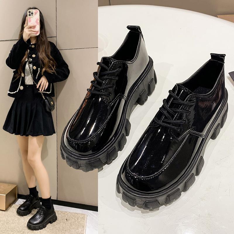 Summer and Autumn New British Style Muffin Platform Small Leather Shoes Women's Round Head Lace-up Japanese JK Casual Women