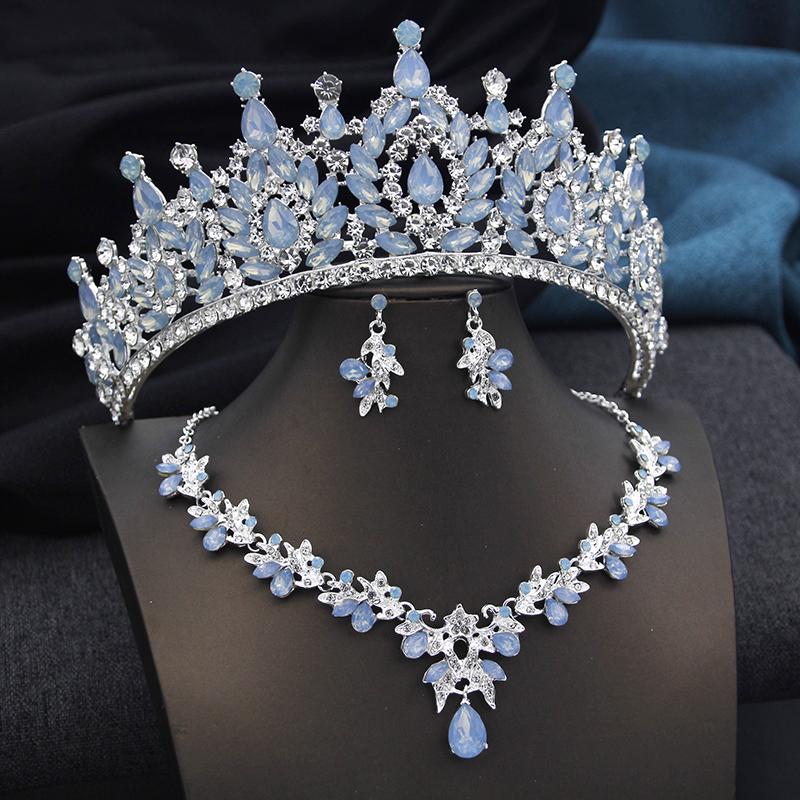 Golden AB 3 Pcs Tiaras and necklace earrings for Bridal Jewelry Sets Women Brides Wedding Crown Prom Birthday Accessories