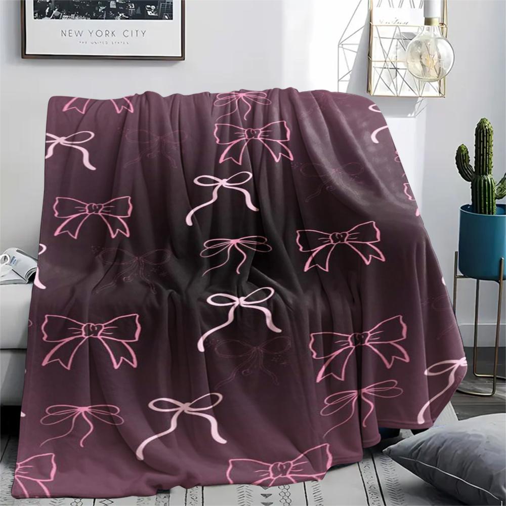 1Pc Pink Bow Butterfly Print Flannel Blanket, High Quality Comfortable for All Seasons, Home Decor, Warmth and Comfort, Perfect for Gifts