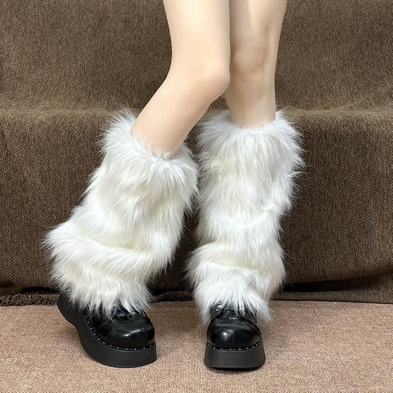 25-40cm Black White Grey Vintage Faux Fur Leg Warmers Winter Warm Furry Boots Cover for Women Sock Punk Jk Cosplay Accessories
