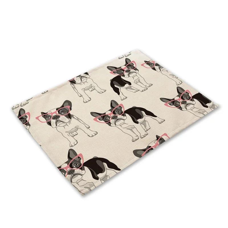 Pug Dog Pattern Cotton Linen Pad Dining Table Mats Coaster Bowl Cup Mat Pattern Kitchen Placemat 40*30cm Home Decor