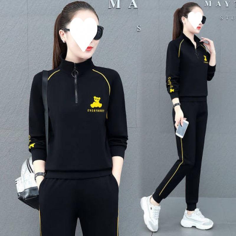 Sporty Casual Set for Women - Spring/Autumn Loose Large-sized Student Long-sleeved Running Suit Set of Two Pieces