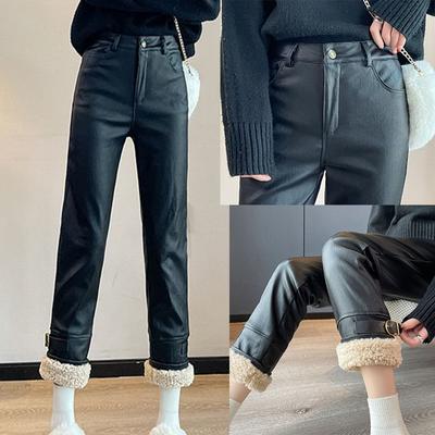 Plus Velvet Straight Black Leather Pants Women's Autumn Winter High Waist Loose Pantalones Splicing Lambswool Pu Leather Pants
