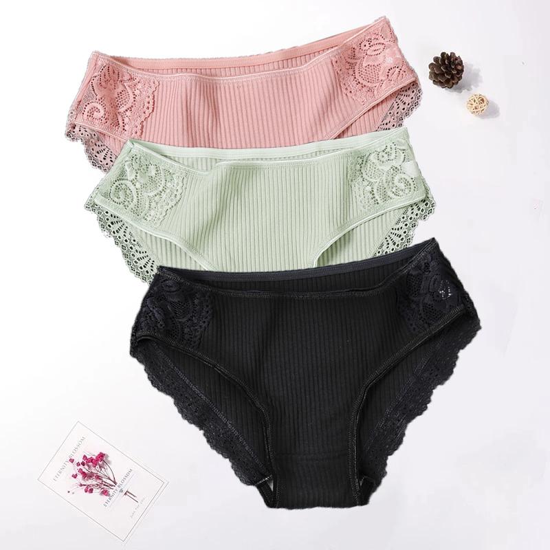 Floral Lace Cotton Women Panties Underwear Women Briefs Comfortable Female Underpants Solid Color Pantys Lingerie M-XXL 3PCS/Set