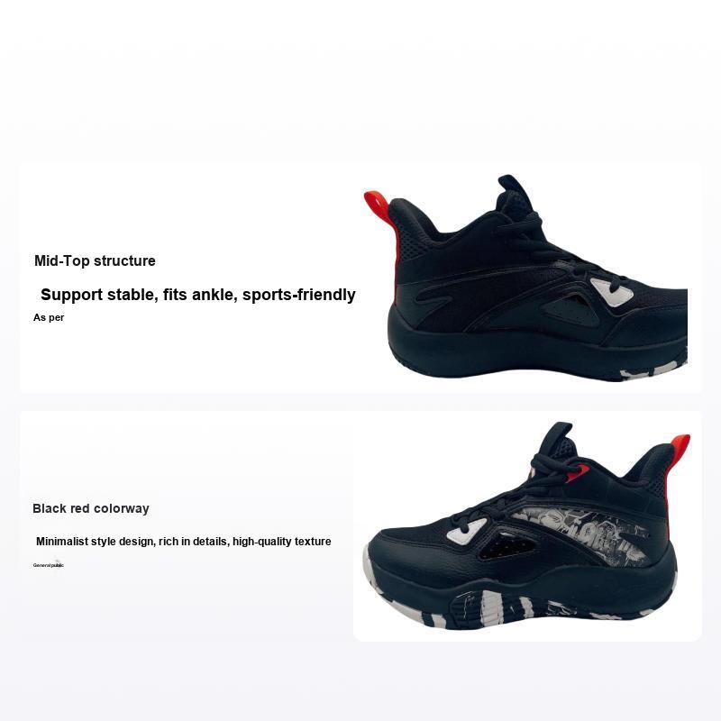 Anta Shock Absorbing Wear Resistant Non Slip Mid Top Basketball Shoes Kids Sneakers Black Red 312311133-2