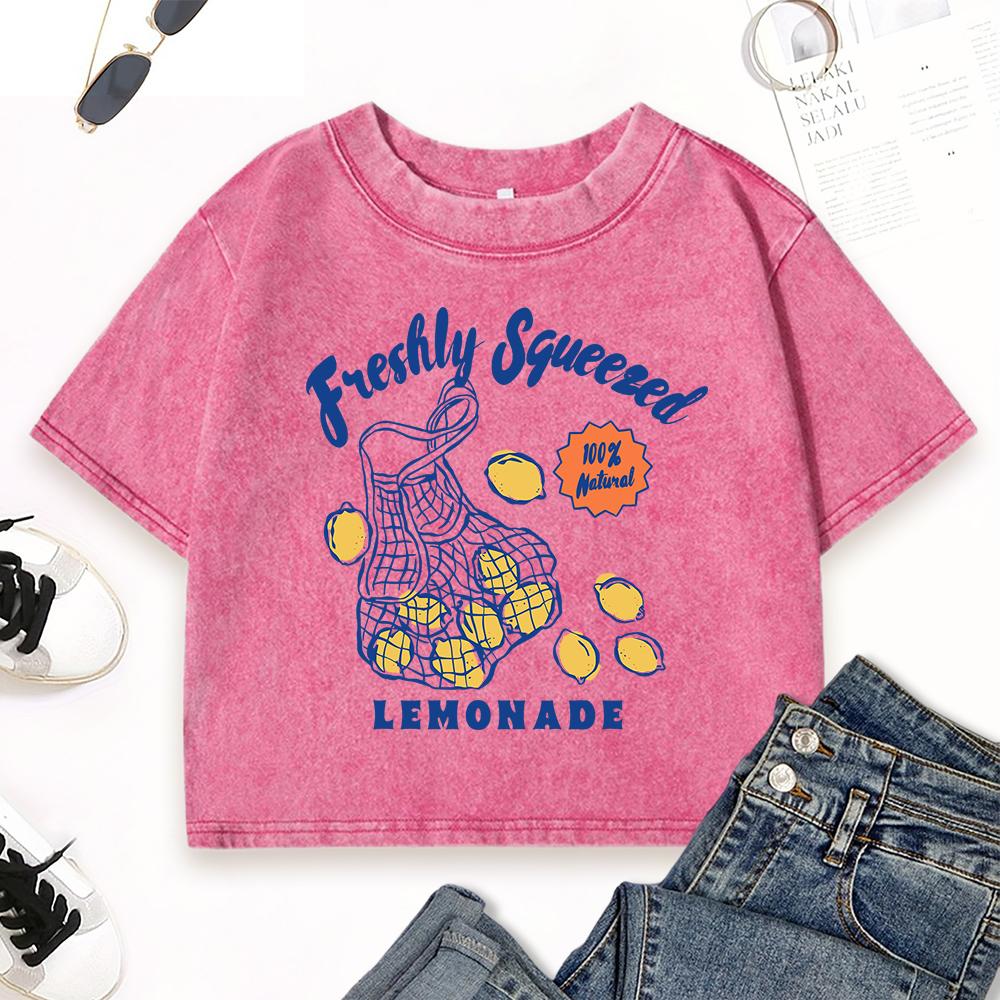 Freshly Squeezed Lemon Juice Printed Washed Slim Tee Shirt Women Crop Summer T-Shirts Casual Cotton Top