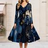 Women Plus Size V Neck Long Sleeve Green Yellow Printed A Line Midi Dress With Belt