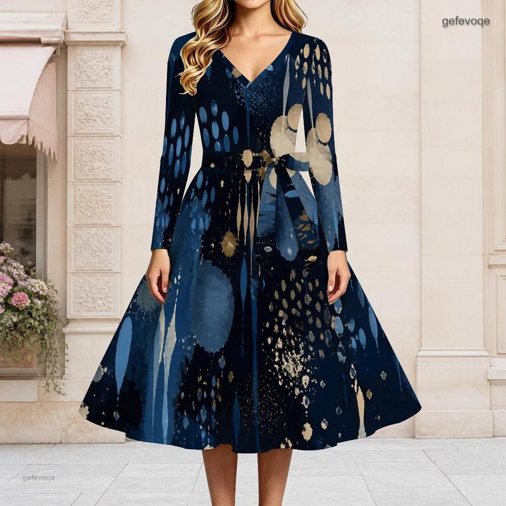 Women Plus Size V Neck Long Sleeve Green Yellow Printed A Line Midi Dress With Belt