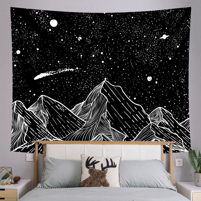 UFO Alien Abduction Black White Wall Tapestry Flying Saucer Beam Mountain Cloud Retro Sci Fi Space Extraterrestrial Decor