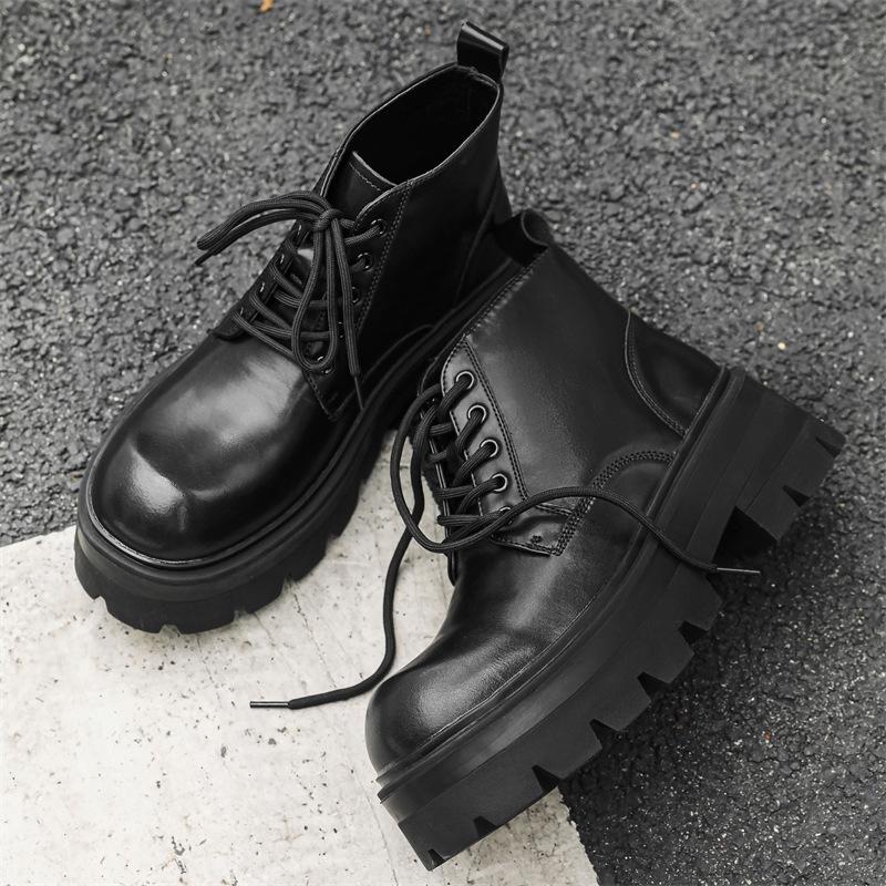 large size mens casual punk hip hop platform boots lace-up genuine leather shoes cowboy chunky ankle boot handsome short botas