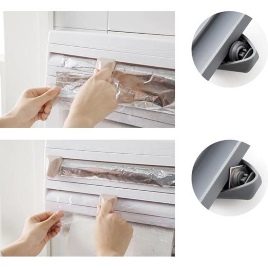 Cling Film Storage Rack Roll Paper Towel Holder Shelf Wrap Cutter Kitchen Tool