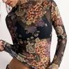 Women S Long Sleeve Floral Print Mesh Slim Fit T Shirt
